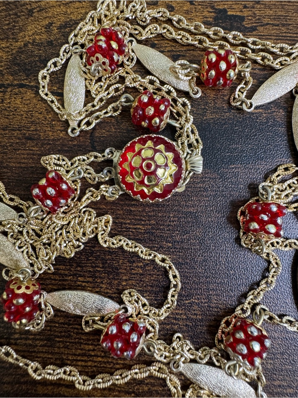 Hong Hong Red Box Clasp Necklace in Gold Tone Aluminum Multi Strand 60’s